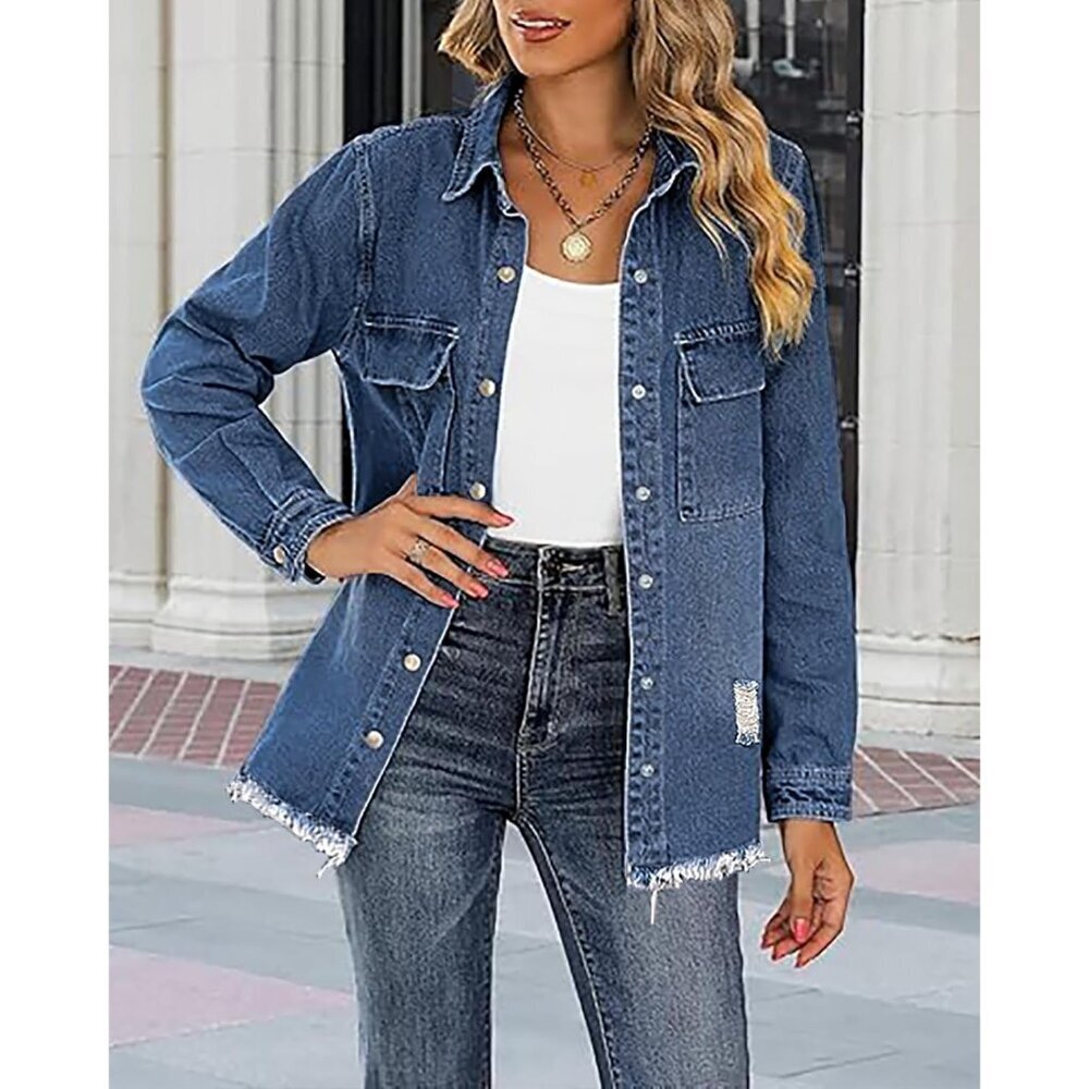 Women’s Oversized Denim Jacket Distressed Ripped Blue Casual Coat - Picture 2 of 5